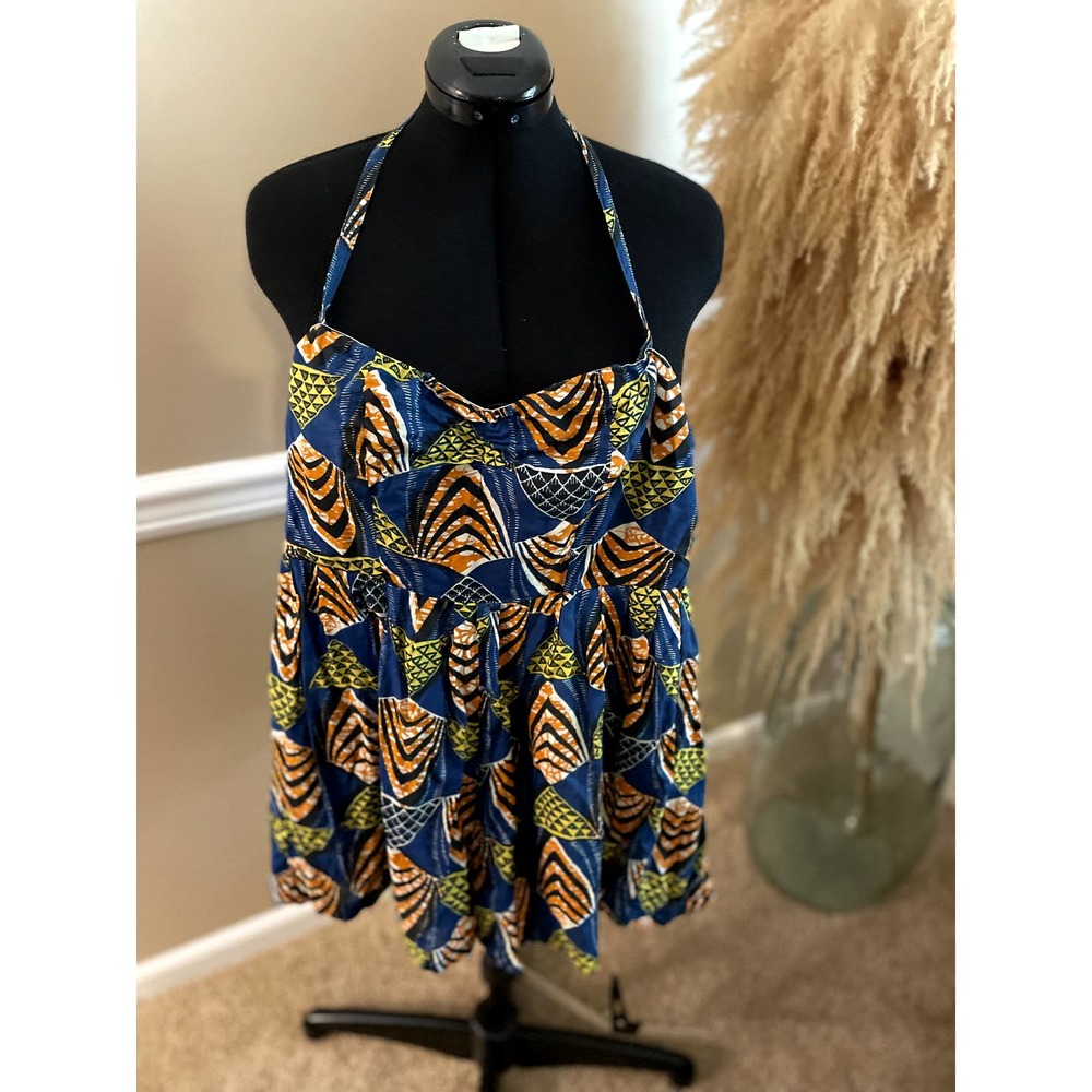 MODA International Blue Orange Yellow African Print Halter Romper Size S